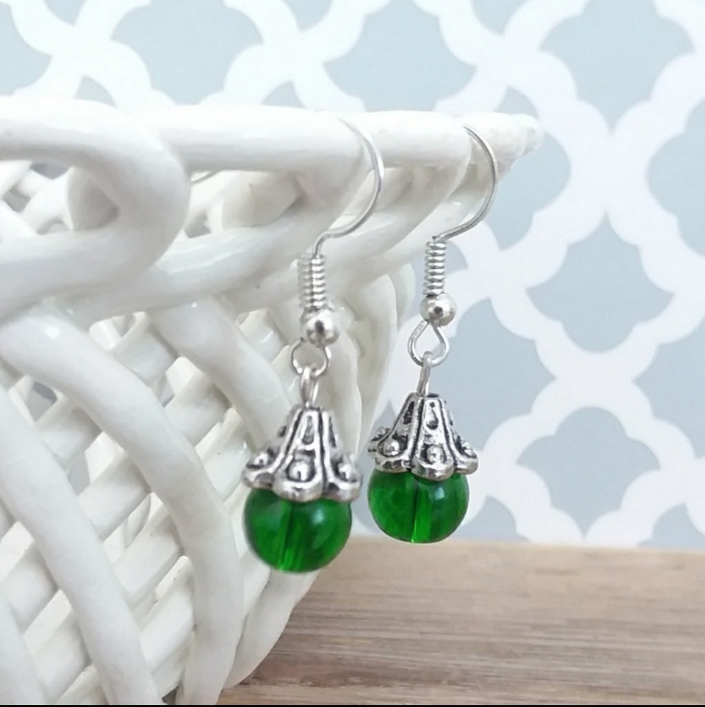 Green Bead Silver Tone Hook Earrings